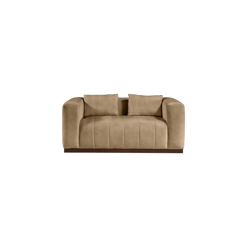 Meridian Furniture 44098Tan-L Mallina Collection Modern | Contemporary Loveseat with Soft Tan Vegan Leather, Walnut Finish Solid Wood Base, Deep Channel Tufting, 67" W x 36" D x 28.5" H, Tan