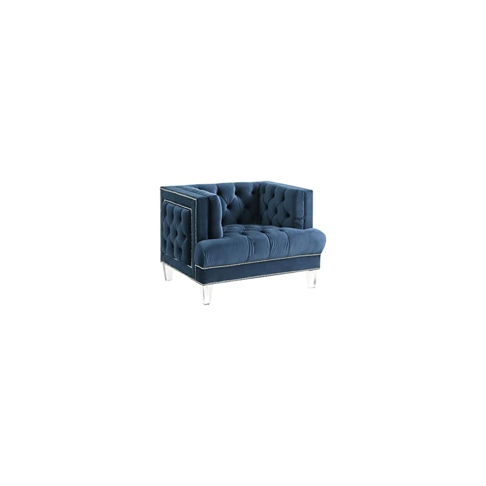 Luxury Classic Button Tufted Velvet Fabric Upholstered Armchair Loveseat Couch with Square Track Nailhead Trim Acrylic Leg for Home Office Living Room (Blue Armchair) (Blue Armchair)