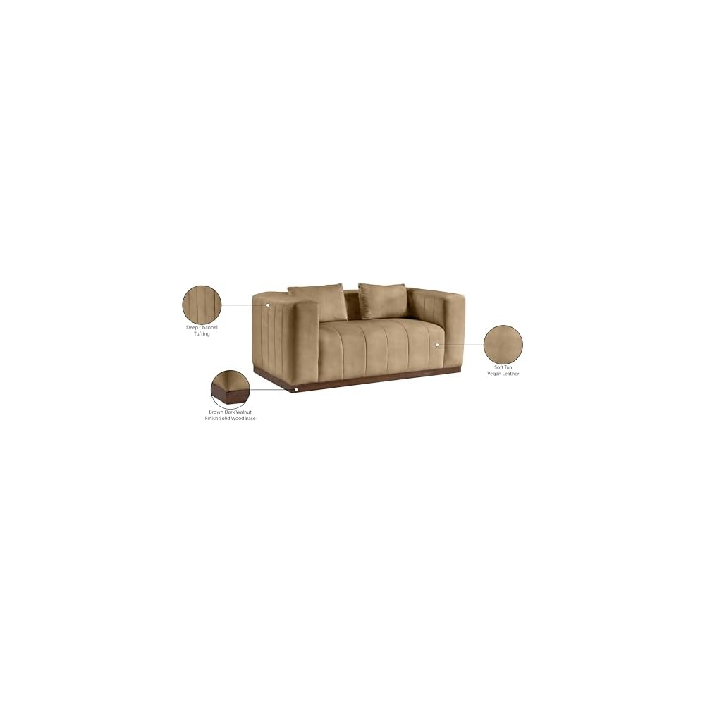 Meridian Furniture 44098Tan-L Mallina Collection Modern | Contemporary Loveseat with Soft Tan Vegan Leather, Walnut Finish Solid Wood Base, Deep Channel Tufting, 67" W x 36" D x 28.5" H, Tan