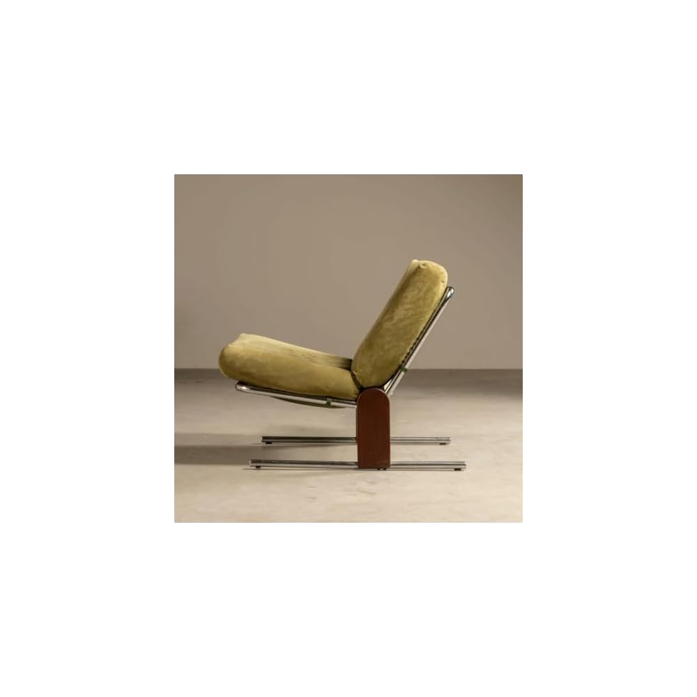 Olive Green Upholstered Lounge Chair with Steel Frame and Wood Accents