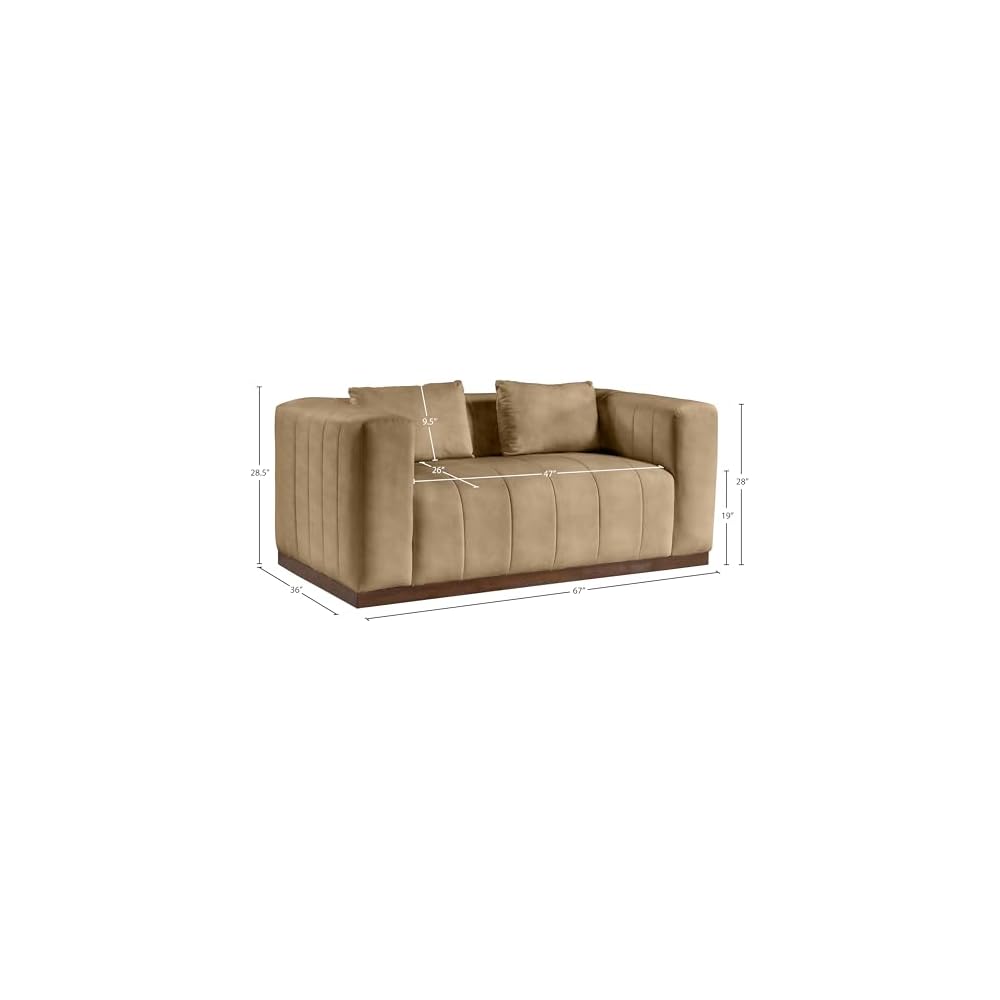 Meridian Furniture 44098Tan-L Mallina Collection Modern | Contemporary Loveseat with Soft Tan Vegan Leather, Walnut Finish Solid Wood Base, Deep Channel Tufting, 67" W x 36" D x 28.5" H, Tan