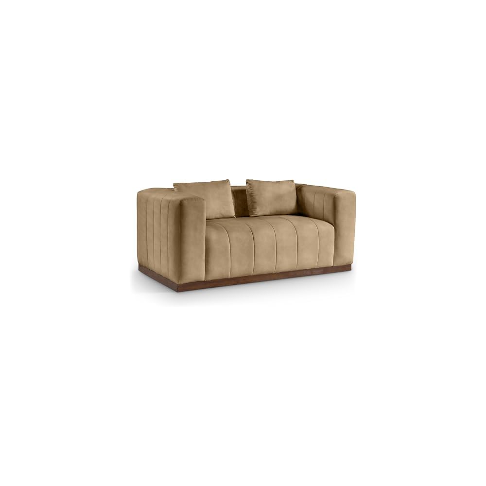 Meridian Furniture 44098Tan-L Mallina Collection Modern | Contemporary Loveseat with Soft Tan Vegan Leather, Walnut Finish Solid Wood Base, Deep Channel Tufting, 67" W x 36" D x 28.5" H, Tan
