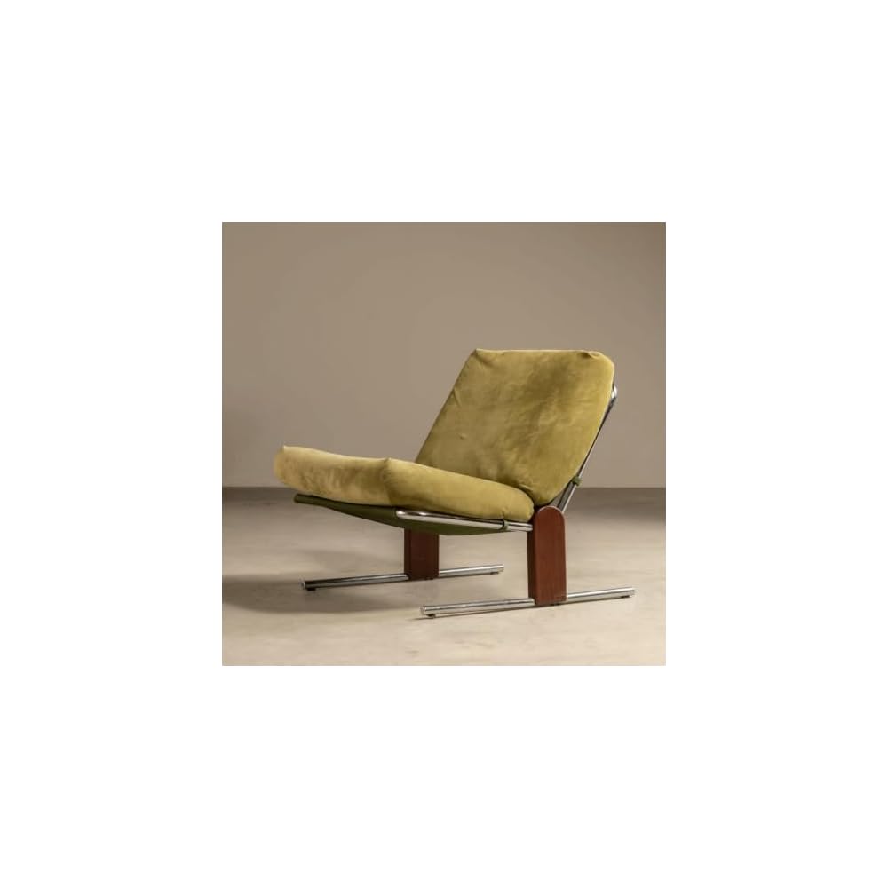 Olive Green Upholstered Lounge Chair with Steel Frame and Wood Accents