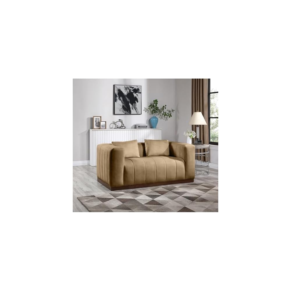Meridian Furniture 44098Tan-L Mallina Collection Modern | Contemporary Loveseat with Soft Tan Vegan Leather, Walnut Finish Solid Wood Base, Deep Channel Tufting, 67" W x 36" D x 28.5" H, Tan