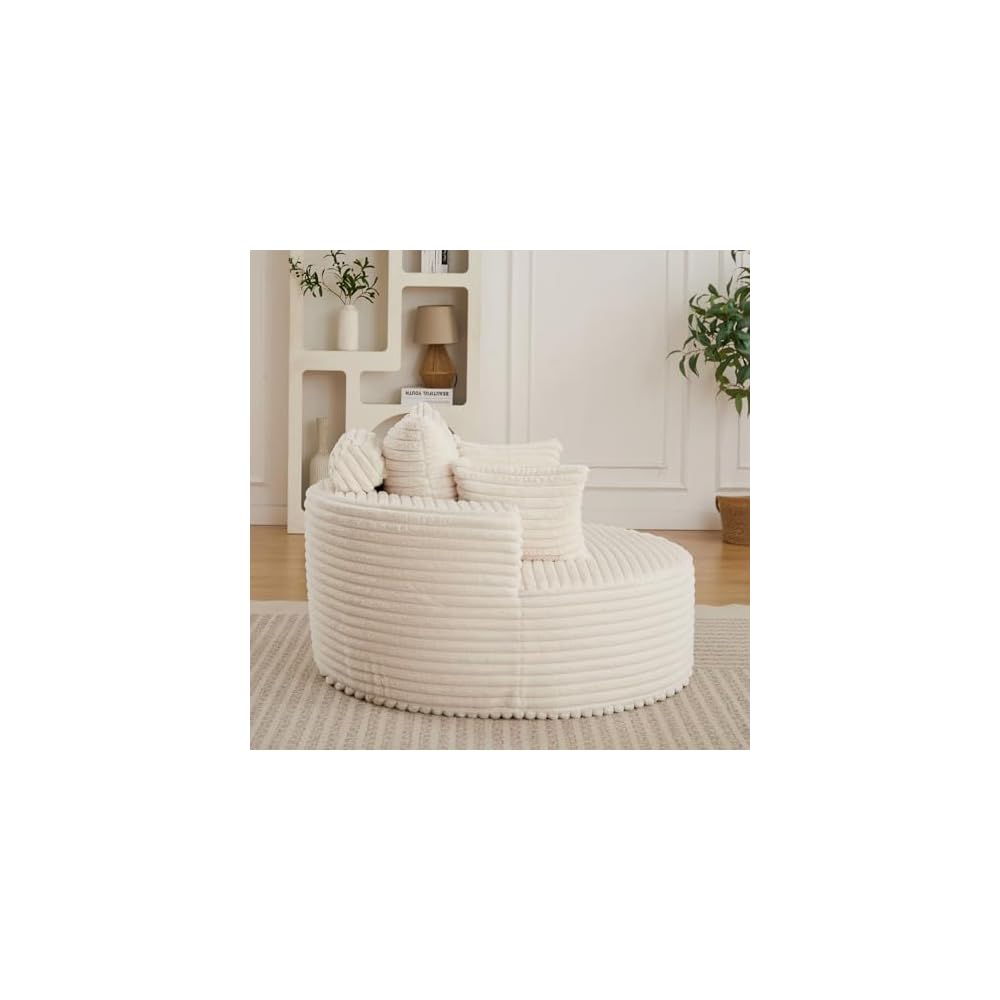 50" Round Corduroy Deep Seat Single Sleeper Sofa - Fluffy Upholstered Floor Sofa with Three Pillows, No Assembly Modern Sleeper Chair for Living Room, Bedroom, Lounge (Beige)