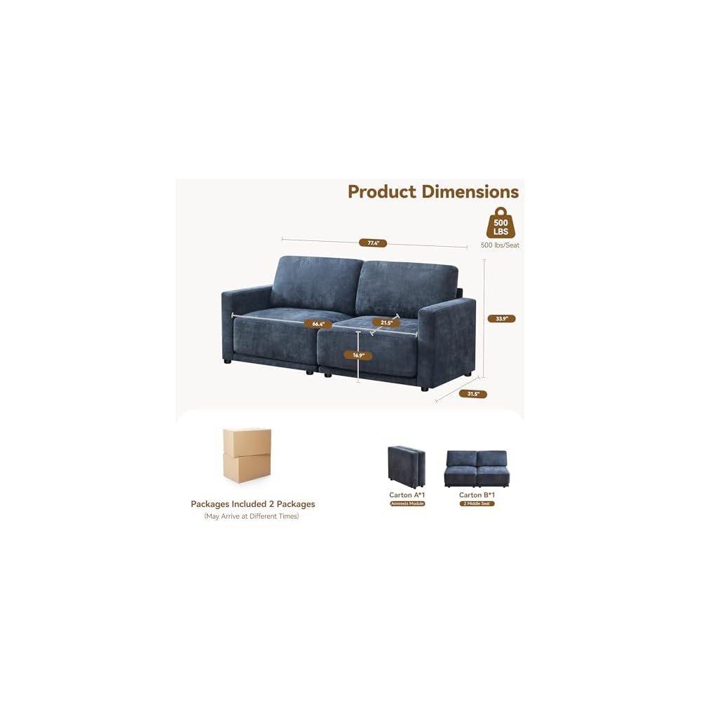77.4" Chenille Modular Loveseat Oversized Upholstered 2 Seater Sectional Sofa with Thickened Cushions, Easy Assembly, Modern Comfy Love Seat Couch for Living Room, Blue