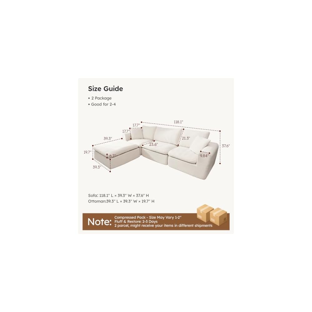 Modular Sectional Cloud Sofa, No Assembly Oversized Boneless Couch, Beige