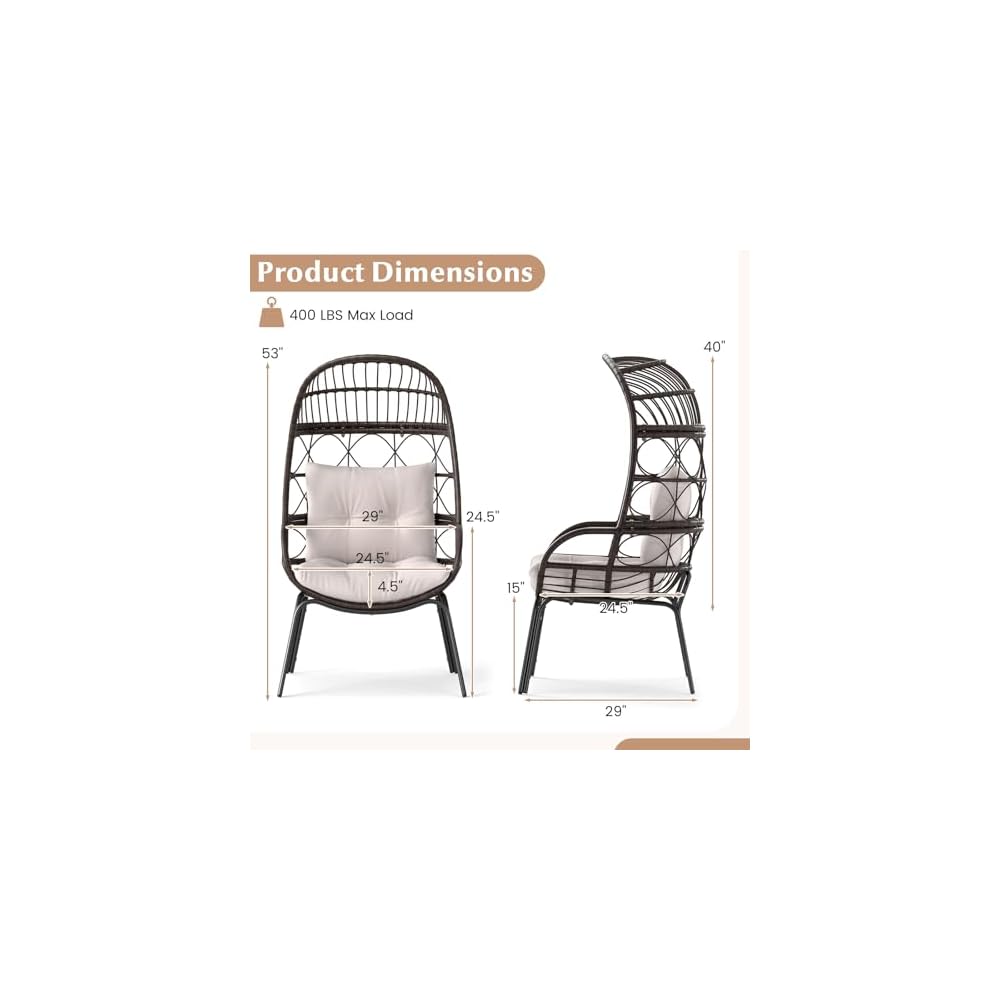Tangkula Narrow Wicker Egg Chair Outdoor, Patio Rattan Lounge Basket with Seat & Back Cushions, Metal Indoor Outdoor Leisure Sofa Cocoon Chair for Bedroom, Backyard, Balcony, 400 lbs Max Load
