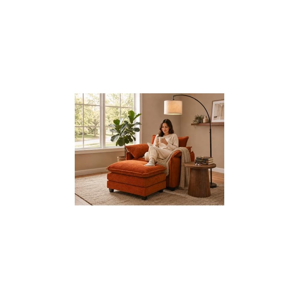 Oversized Chair with Ottoman, Corduroy Reading Chair with Footrest, Comfy Accent Armchair for Living Room Bedroom, Single Sofa Lounge Chair, 350 lbs (Orange)