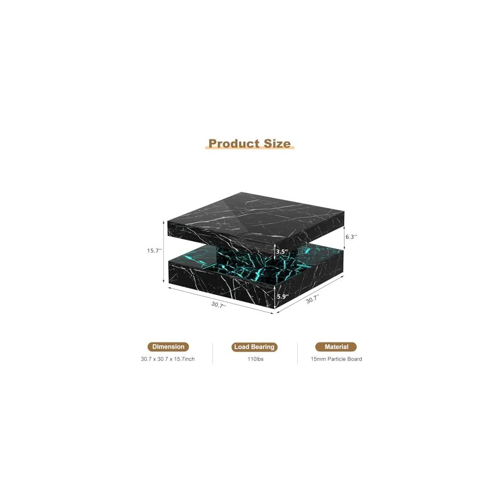 HedoAjim Black Marble LED Coffee Table for Living Room, Living Room Table 2-Tier Square Middle Center Table, Modern Coffee Tables with Storage, Contemporary Wood Tea Tables for Dining Reception