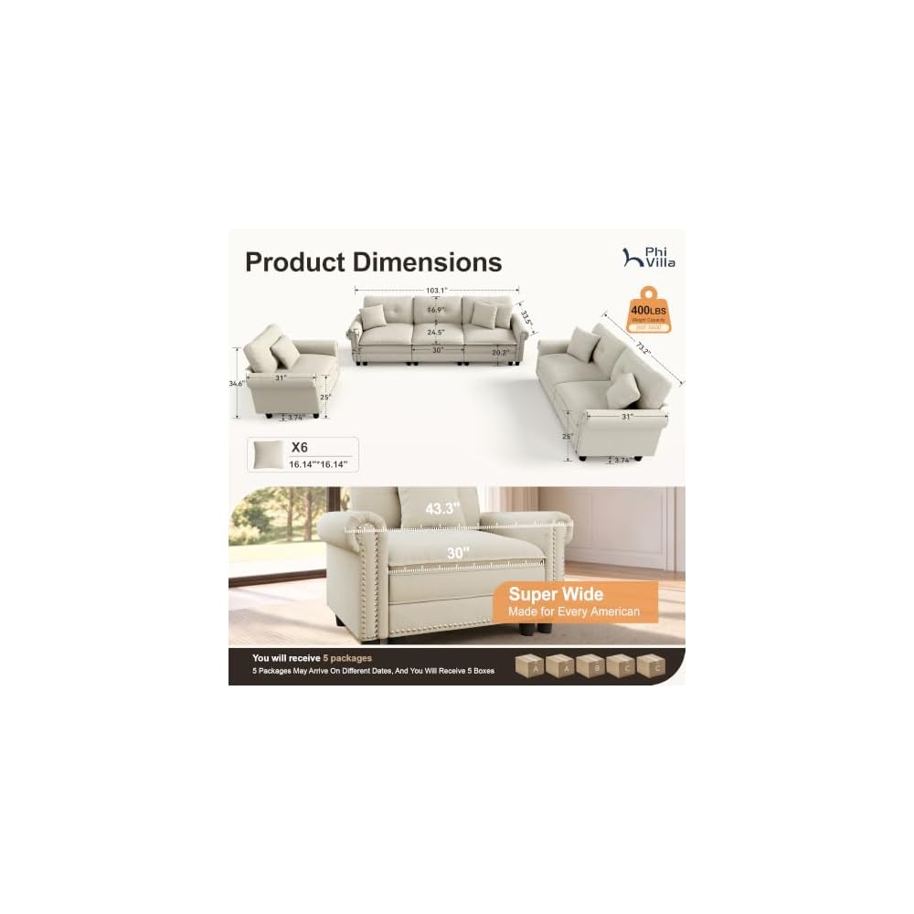 PHI VILLA Modular Sectional Living Room Set with Sofa, Loveseat & Armchair