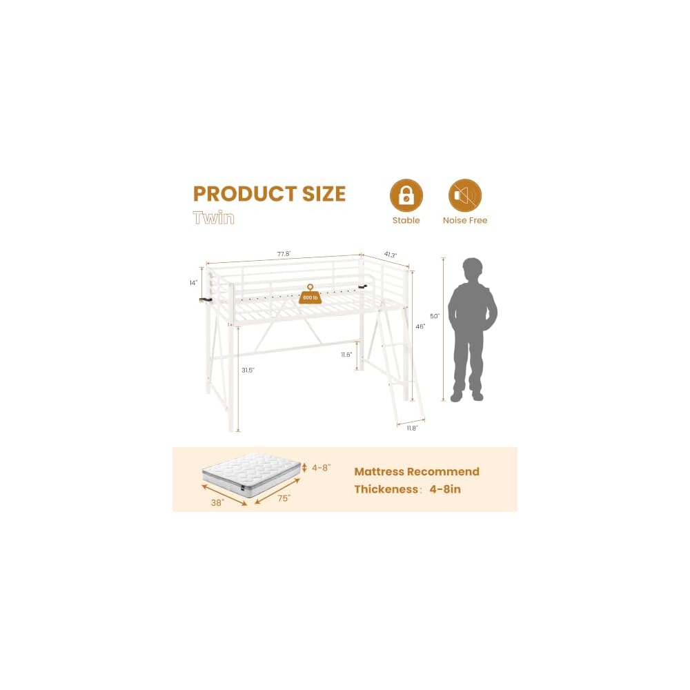 SHA CERLIN Twin Size Metal Low Loft Bed, CPC Safety Certified, White