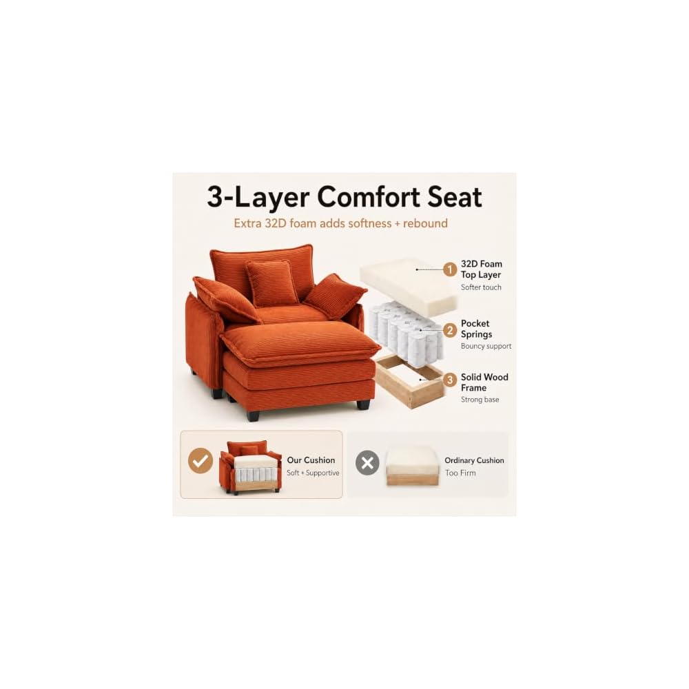 Oversized Chair with Ottoman, Corduroy Reading Chair with Footrest, Comfy Accent Armchair for Living Room Bedroom, Single Sofa Lounge Chair, 350 lbs (Orange)
