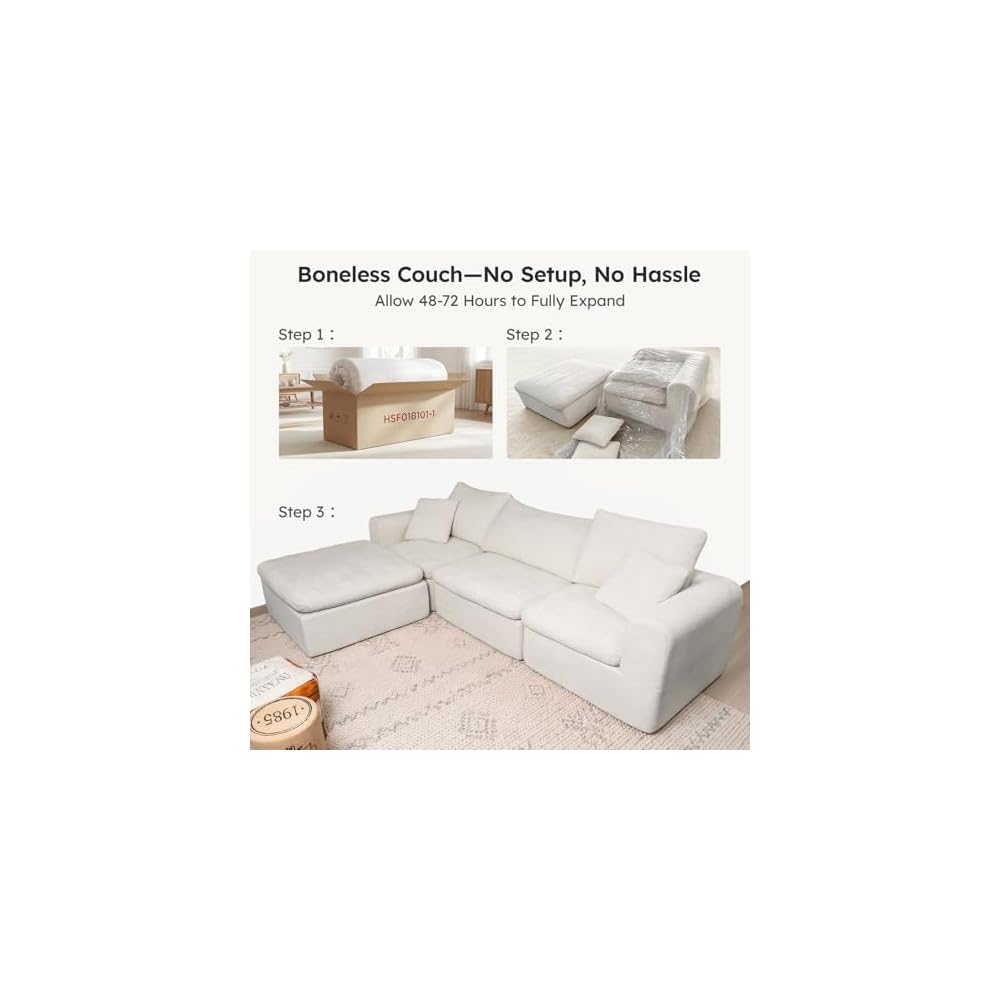 Modular Sectional Cloud Sofa, No Assembly Oversized Boneless Couch, Beige