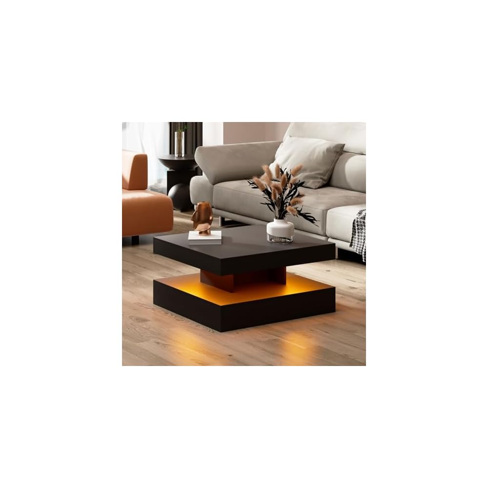 HedoAjim Black Marble LED Coffee Table for Living Room, Living Room Table 2-Tier Square Middle Center Table, Modern Coffee Tables with Storage, Contemporary Wood Tea Tables for Dining Reception