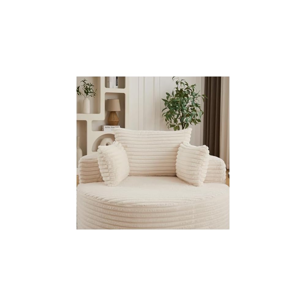 50" Round Corduroy Deep Seat Single Sleeper Sofa - Fluffy Upholstered Floor Sofa with Three Pillows, No Assembly Modern Sleeper Chair for Living Room, Bedroom, Lounge (Beige)