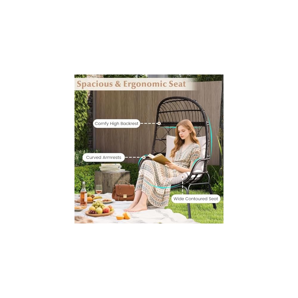 Tangkula Narrow Wicker Egg Chair Outdoor, Patio Rattan Lounge Basket with Seat & Back Cushions, Metal Indoor Outdoor Leisure Sofa Cocoon Chair for Bedroom, Backyard, Balcony, 400 lbs Max Load