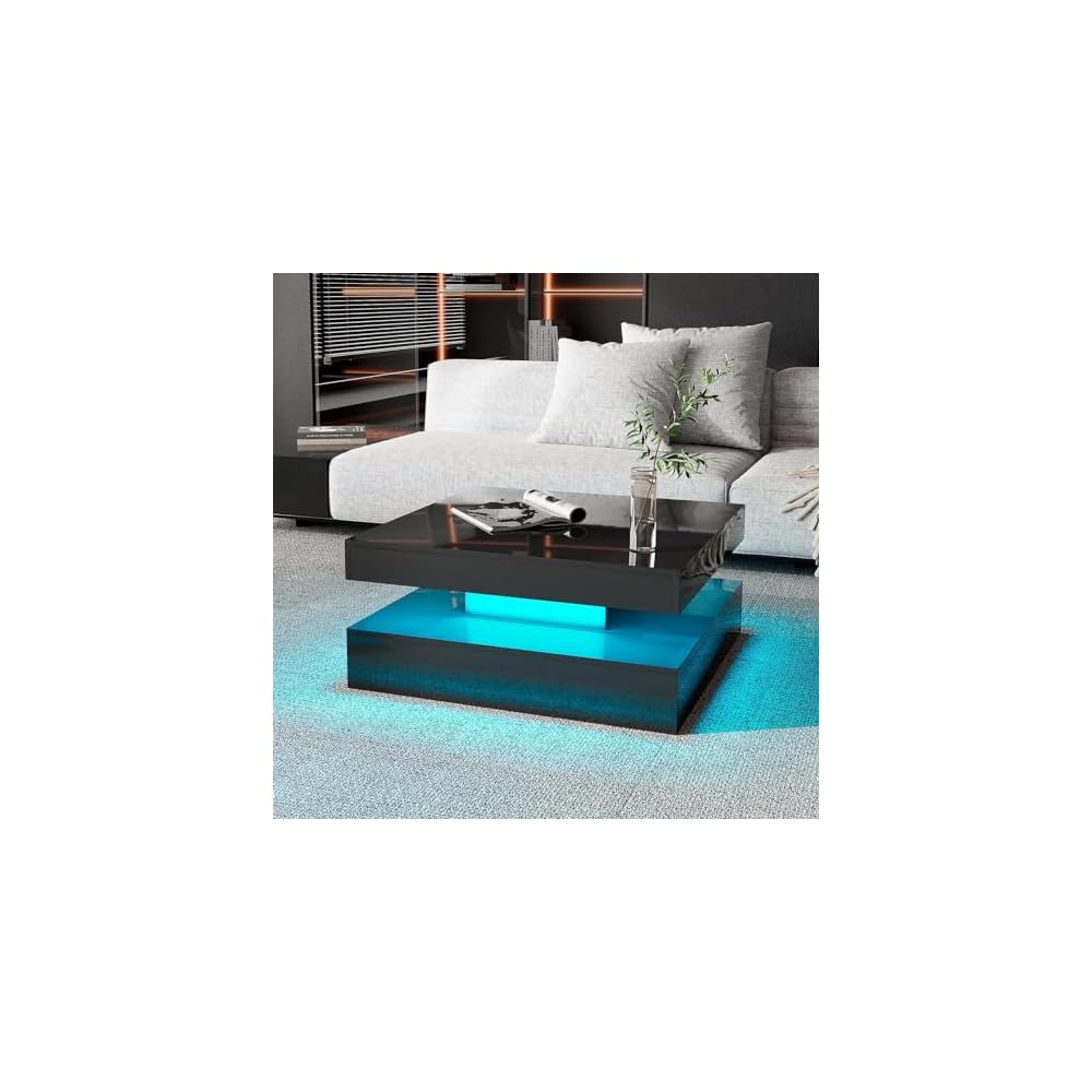 HedoAjim Black Marble LED Coffee Table for Living Room, Living Room Table 2-Tier Square Middle Center Table, Modern Coffee Tables with Storage, Contemporary Wood Tea Tables for Dining Reception