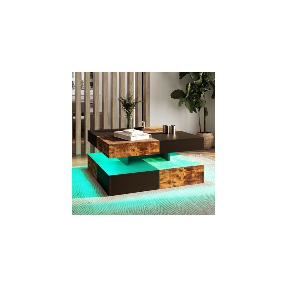 HedoAjim Black Marble LED Coffee Table for Living Room, Living Room Table 2-Tier Square Middle Center Table, Modern Coffee Tables with Storage, Contemporary Wood Tea Tables for Dining Reception