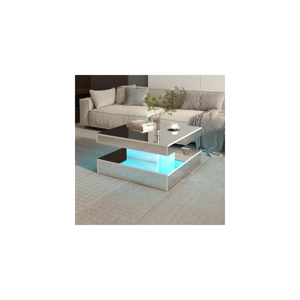 HedoAjim Black Marble LED Coffee Table for Living Room, Living Room Table 2-Tier Square Middle Center Table, Modern Coffee Tables with Storage, Contemporary Wood Tea Tables for Dining Reception