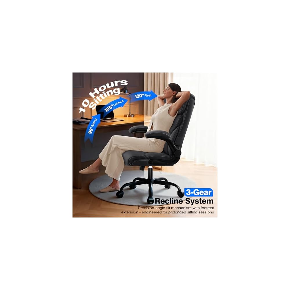 AreShark Executive Office Chair - 400lbs Heavy Duty Ergonomic Desk Chair with Comfy Cushion, High Back Breathable Leather Computer Chair with Flip-up Arms & Rocking Function for Home Office
