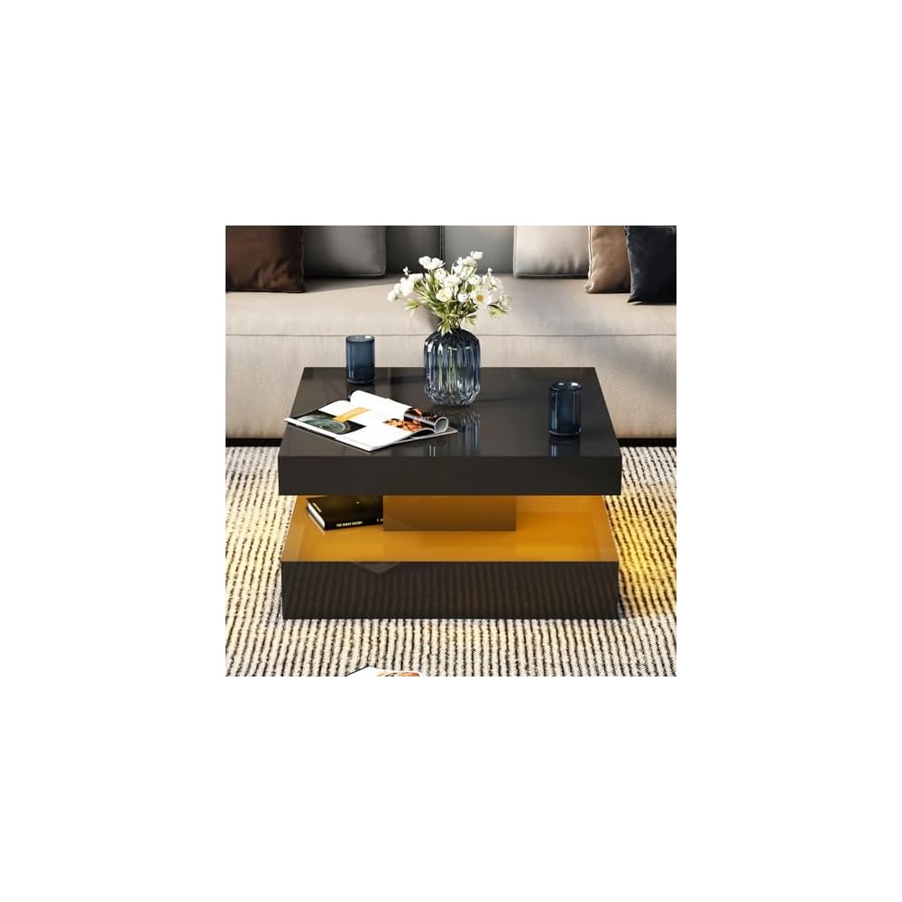 HedoAjim Black Marble LED Coffee Table for Living Room, Living Room Table 2-Tier Square Middle Center Table, Modern Coffee Tables with Storage, Contemporary Wood Tea Tables for Dining Reception