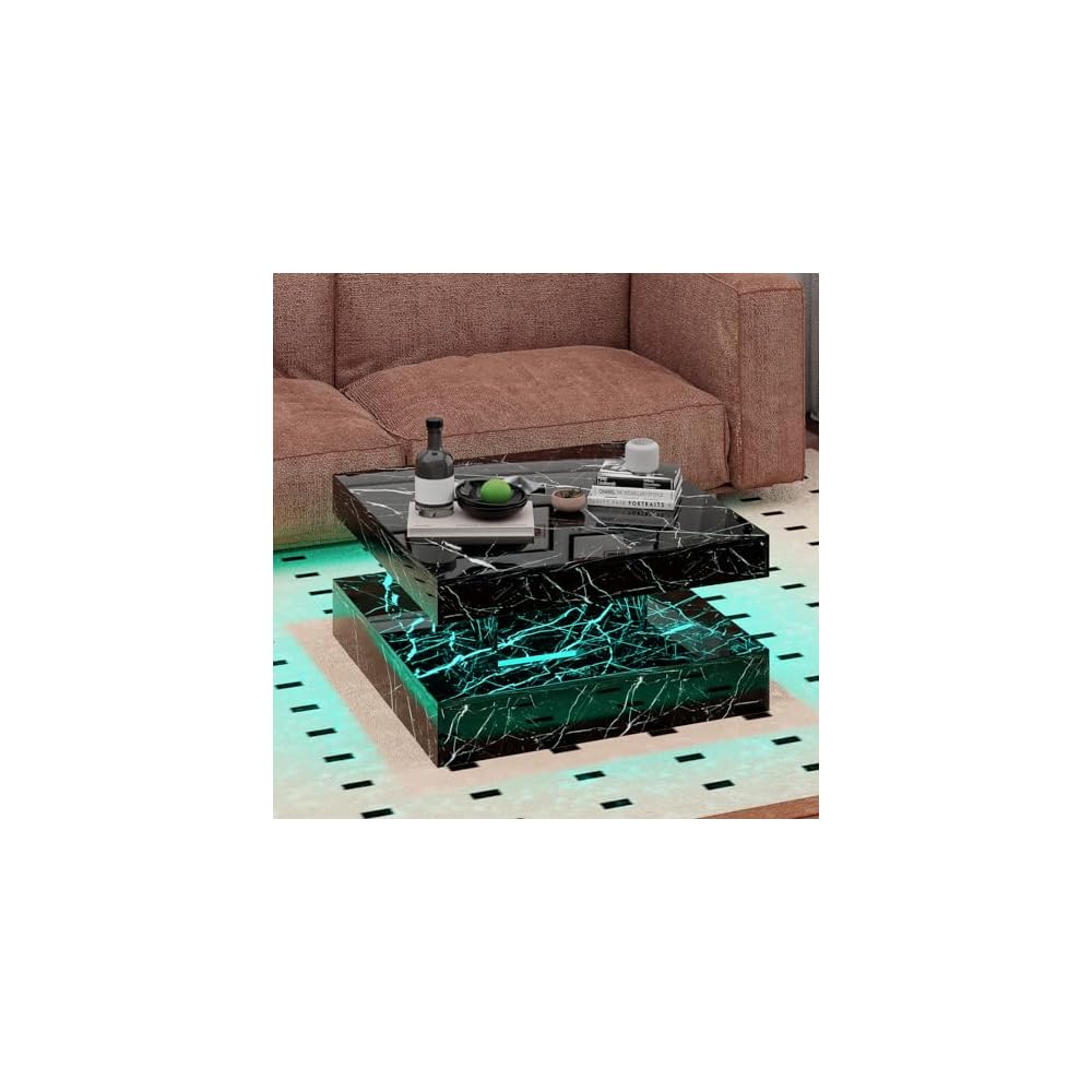 HedoAjim Black Marble LED Coffee Table for Living Room, Living Room Table 2-Tier Square Middle Center Table, Modern Coffee Tables with Storage, Contemporary Wood Tea Tables for Dining Reception