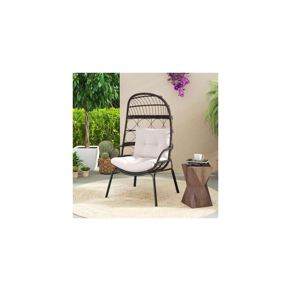Tangkula Narrow Wicker Egg Chair Outdoor, Patio Rattan Lounge Basket with Seat & Back Cushions, Metal Indoor Outdoor Leisure Sofa Cocoon Chair for Bedroom, Backyard, Balcony, 400 lbs Max Load