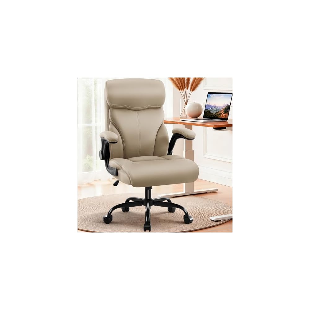 AreShark Executive Office Chair - 400lbs Heavy Duty Ergonomic Desk Chair with Comfy Cushion, High Back Breathable Leather Computer Chair with Flip-up Arms & Rocking Function for Home Office