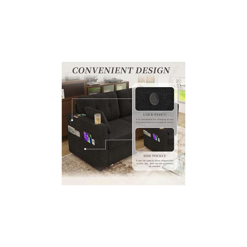67" Small Loveseat Couch with Storage, USB Charging and Cup Holder, Space Saving Furniture, Modern Chenille Love Seat Sofa, Small Couches for Small Spaces, Bedroom, Apartment, Black