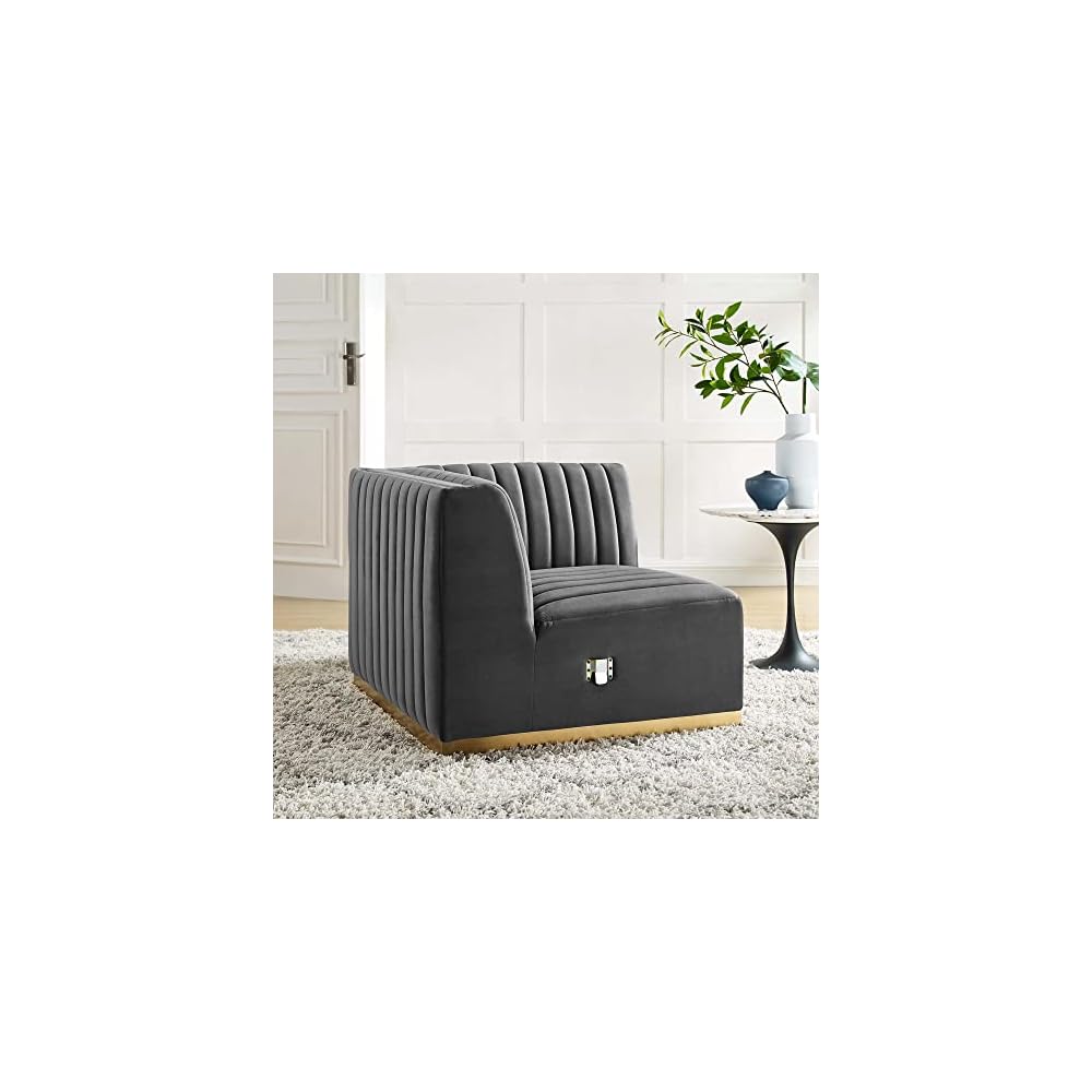 Modway Conjure Channel Tufted Performance Velvet Right Corner Chair in Gold/Gray