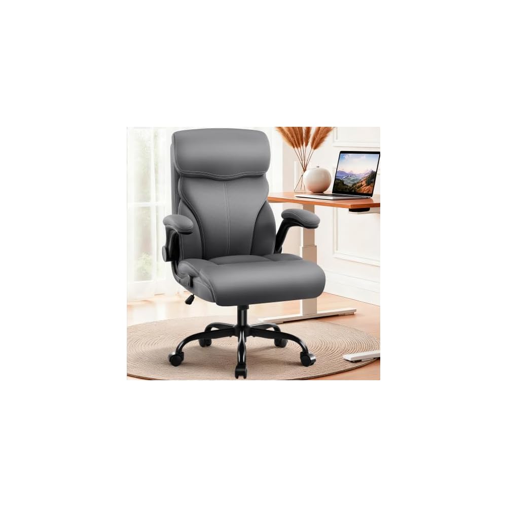 AreShark Executive Office Chair - 400lbs Heavy Duty Ergonomic Desk Chair with Comfy Cushion, High Back Breathable Leather Computer Chair with Flip-up Arms & Rocking Function for Home Office