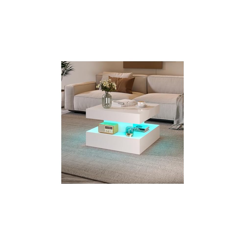 HedoAjim Black Marble LED Coffee Table for Living Room, Living Room Table 2-Tier Square Middle Center Table, Modern Coffee Tables with Storage, Contemporary Wood Tea Tables for Dining Reception