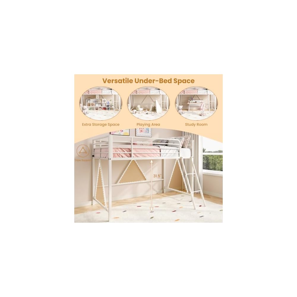 SHA CERLIN Twin Size Metal Low Loft Bed, CPC Safety Certified, White
