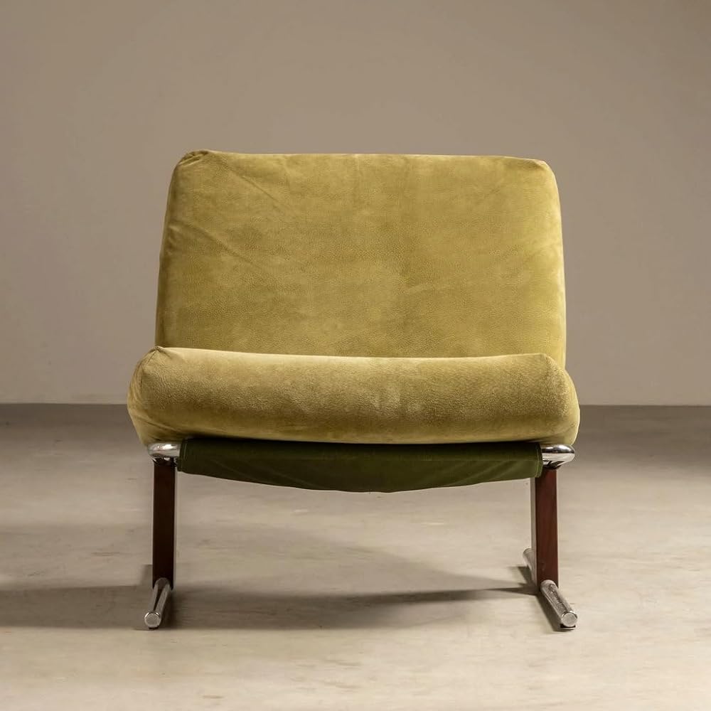 Olive Green Upholstered Lounge Chair with Steel Frame and Wood Accents