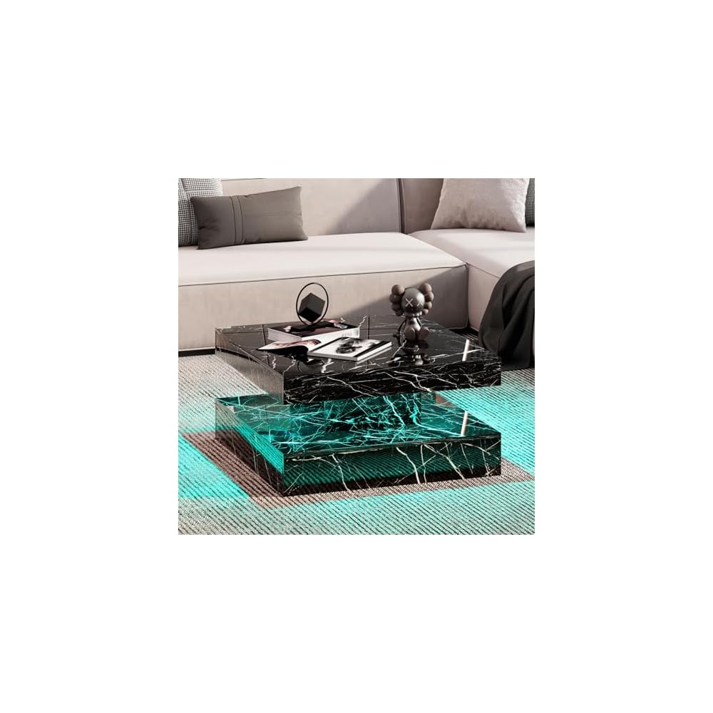 HedoAjim Black Marble LED Coffee Table for Living Room, Living Room Table 2-Tier Square Middle Center Table, Modern Coffee Tables with Storage, Contemporary Wood Tea Tables for Dining Reception