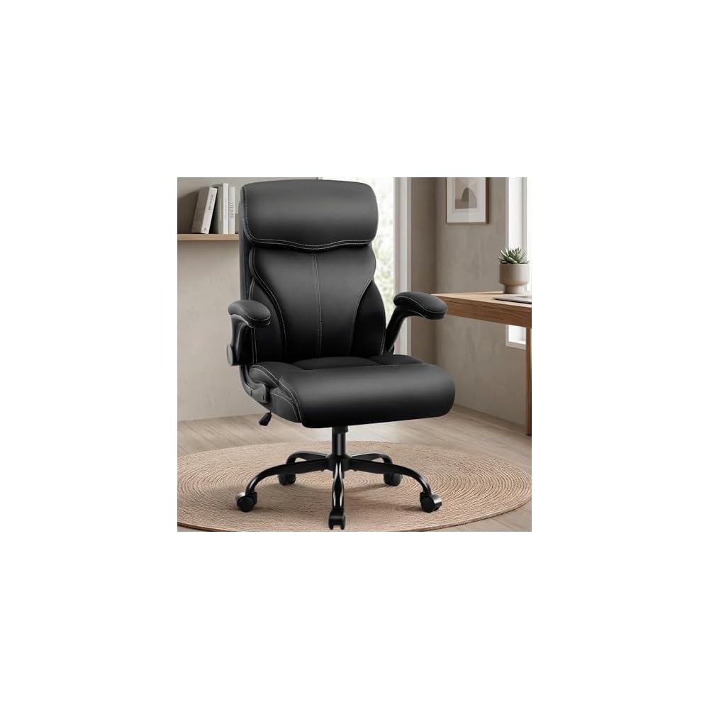 AreShark Executive Office Chair - 400lbs Heavy Duty Ergonomic Desk Chair with Comfy Cushion, High Back Breathable Leather Computer Chair with Flip-up Arms & Rocking Function for Home Office