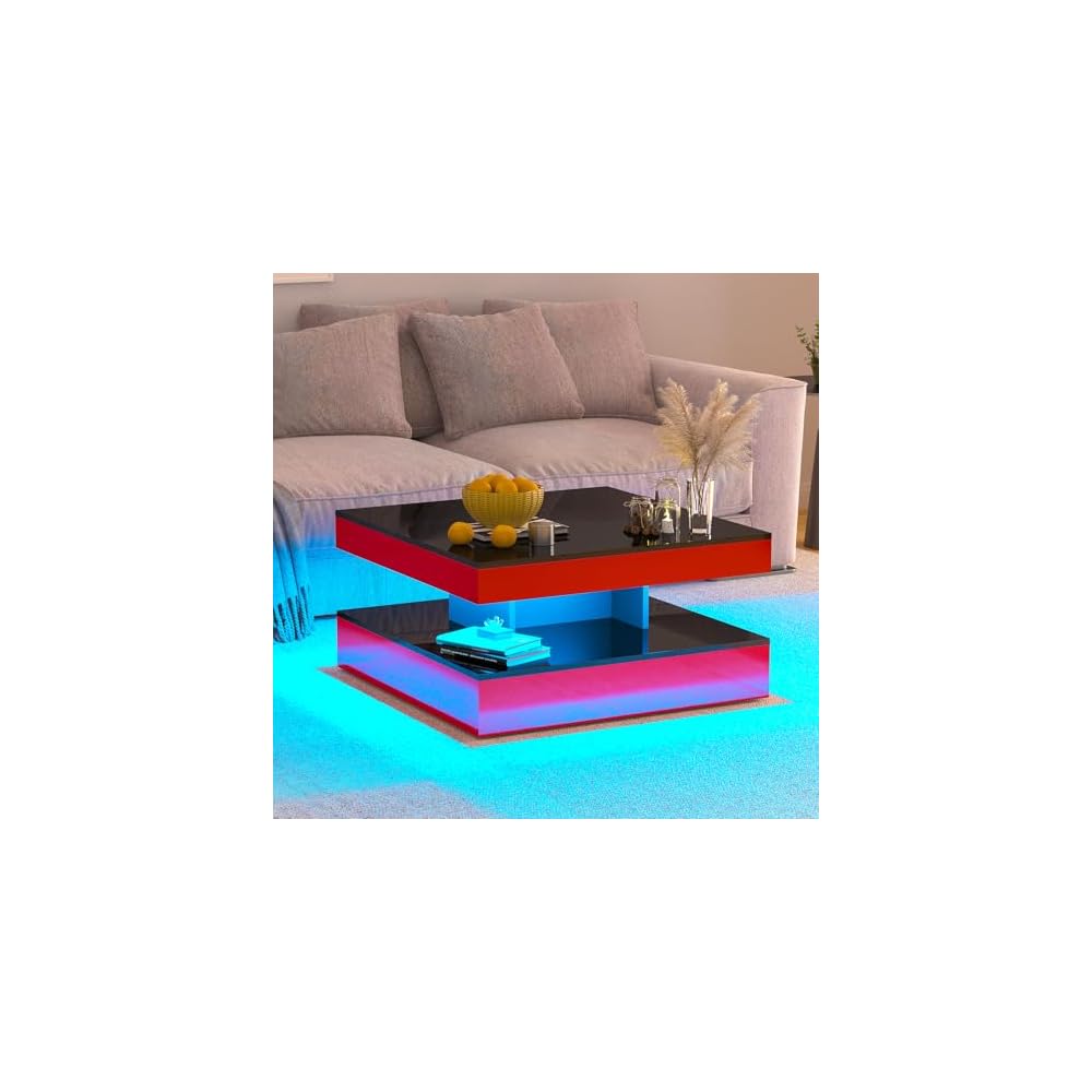 HedoAjim Black Marble LED Coffee Table for Living Room, Living Room Table 2-Tier Square Middle Center Table, Modern Coffee Tables with Storage, Contemporary Wood Tea Tables for Dining Reception