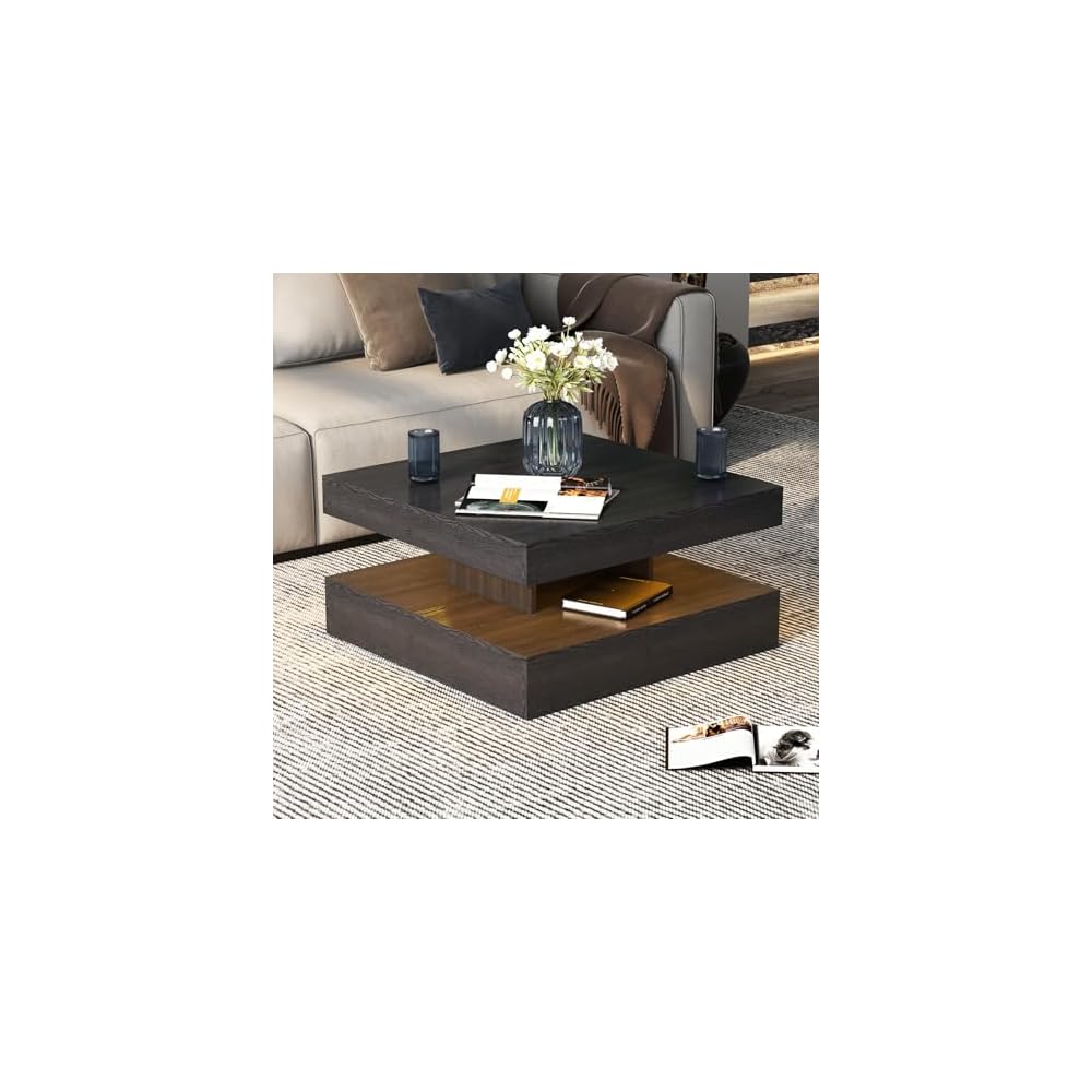 HedoAjim Black Marble LED Coffee Table for Living Room, Living Room Table 2-Tier Square Middle Center Table, Modern Coffee Tables with Storage, Contemporary Wood Tea Tables for Dining Reception