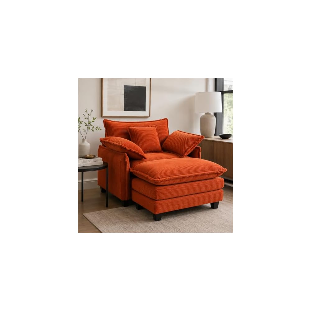 Oversized Chair with Ottoman, Corduroy Reading Chair with Footrest, Comfy Accent Armchair for Living Room Bedroom, Single Sofa Lounge Chair, 350 lbs (Orange)