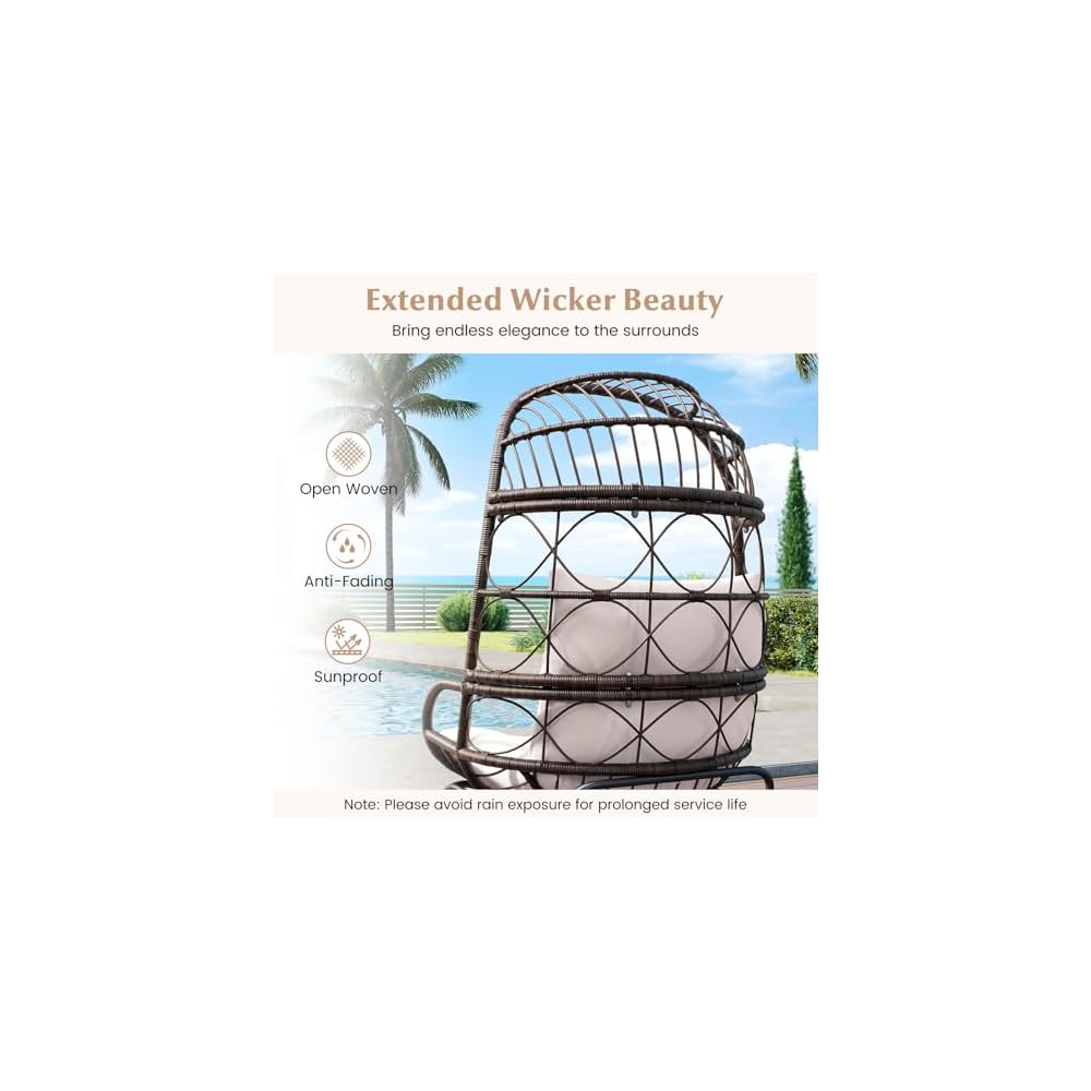Tangkula Narrow Wicker Egg Chair Outdoor, Patio Rattan Lounge Basket with Seat & Back Cushions, Metal Indoor Outdoor Leisure Sofa Cocoon Chair for Bedroom, Backyard, Balcony, 400 lbs Max Load