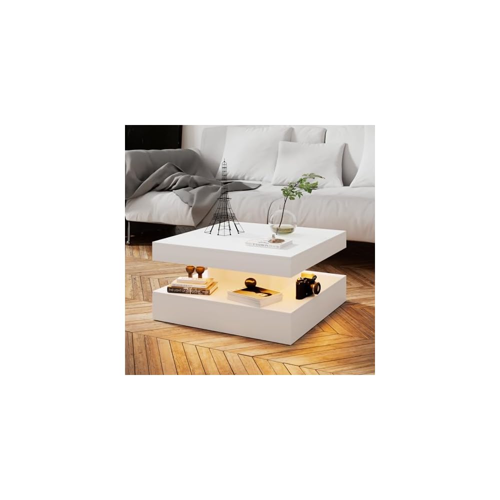 HedoAjim Black Marble LED Coffee Table for Living Room, Living Room Table 2-Tier Square Middle Center Table, Modern Coffee Tables with Storage, Contemporary Wood Tea Tables for Dining Reception