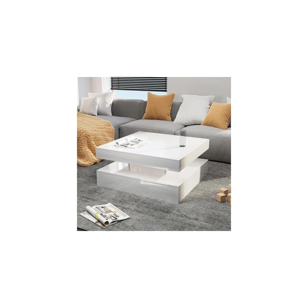 HedoAjim Black Marble LED Coffee Table for Living Room, Living Room Table 2-Tier Square Middle Center Table, Modern Coffee Tables with Storage, Contemporary Wood Tea Tables for Dining Reception