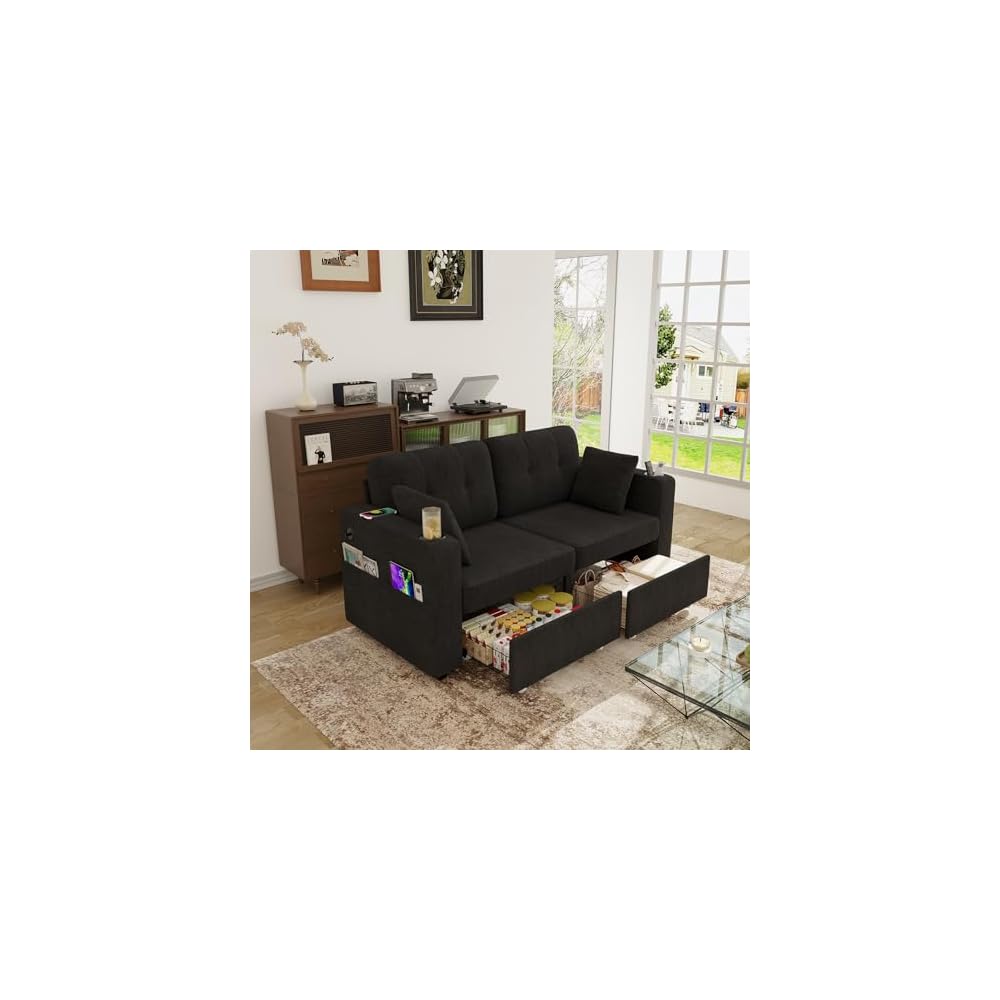 67" Small Loveseat Couch with Storage, USB Charging and Cup Holder, Space Saving Furniture, Modern Chenille Love Seat Sofa, Small Couches for Small Spaces, Bedroom, Apartment, Black