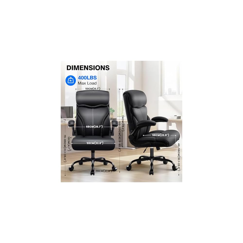 AreShark Executive Office Chair - 400lbs Heavy Duty Ergonomic Desk Chair with Comfy Cushion, High Back Breathable Leather Computer Chair with Flip-up Arms & Rocking Function for Home Office