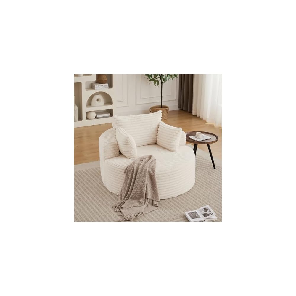 50" Round Corduroy Deep Seat Single Sleeper Sofa - Fluffy Upholstered Floor Sofa with Three Pillows, No Assembly Modern Sleeper Chair for Living Room, Bedroom, Lounge (Beige)