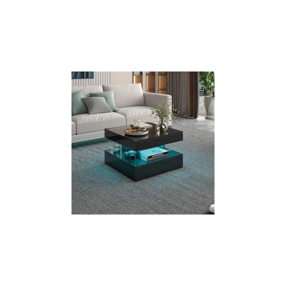 HedoAjim Black Marble LED Coffee Table for Living Room, Living Room Table 2-Tier Square Middle Center Table, Modern Coffee Tables with Storage, Contemporary Wood Tea Tables for Dining Reception
