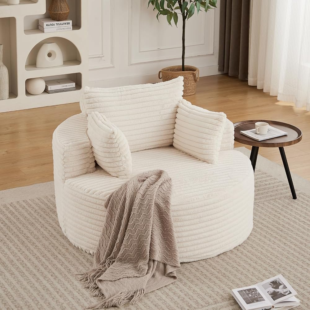 50" Round Corduroy Deep Seat Single Sleeper Sofa - Fluffy Upholstered Floor Sofa with Three Pillows, No Assembly Modern Sleeper Chair for Living Room, Bedroom, Lounge (Beige)