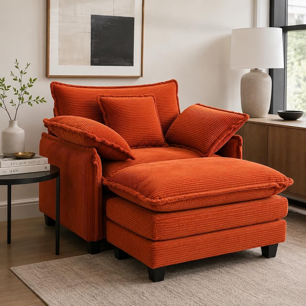 Oversized Chair with Ottoman, Corduroy Reading Chair with Footrest, Comfy Accent Armchair for Living Room Bedroom, Single Sofa Lounge Chair, 350 lbs (Orange)