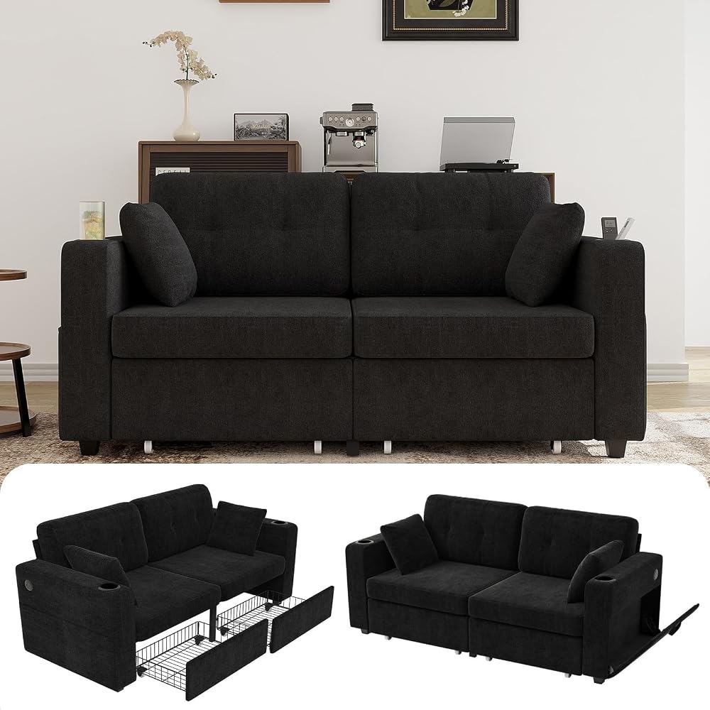 67" Small Loveseat Couch with Storage, USB Charging and Cup Holder, Space Saving Furniture, Modern Chenille Love Seat Sofa, Small Couches for Small Spaces, Bedroom, Apartment, Black